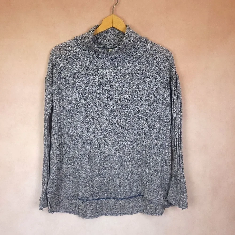 Free People Clarissa Oversized Mock Neck Sweater High Low Heathered Blue Gray XS